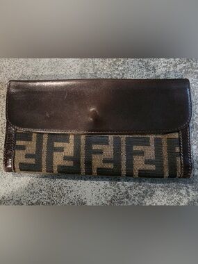 Vintage Fendi Zucca Flap Brown Leather Canvas Wallet